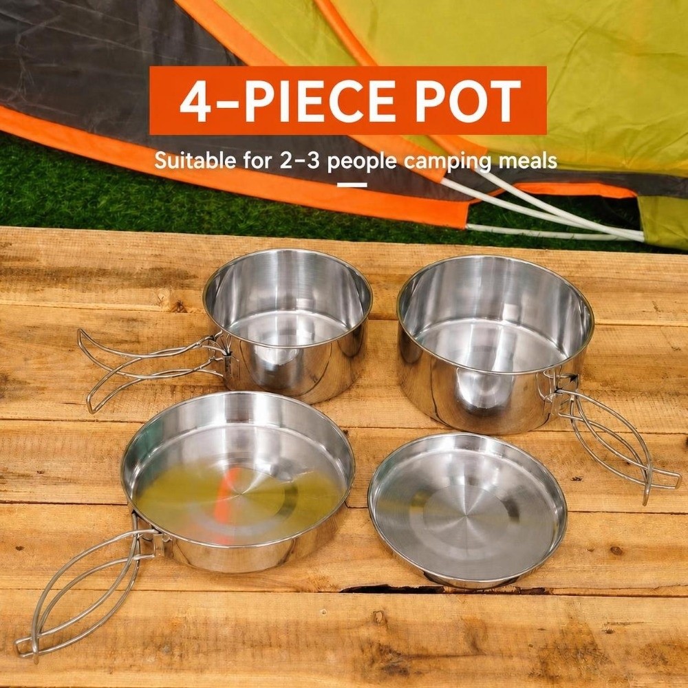 Camping Cooking Pot - 4 Pcs Portable Stainless Steel Camping